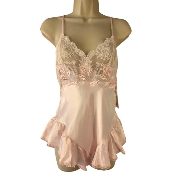 Vandemere 80s Satiny Pink Lace Lingerie Teddy Size M Strappy Back Ruffel Hem NWT - Picture 1 of 10